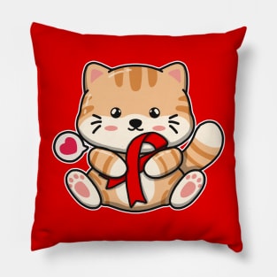 Cute Cat Holding Red Ribbon Pillow