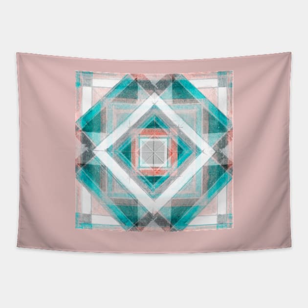 Hand Made Edited Pencil Geometry in Light Turquise on pale Red Tapestry by Ocztos Design