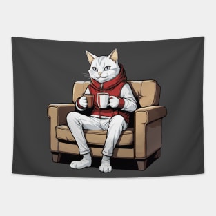 White Cat Sipping on Hot Chocolate Tapestry