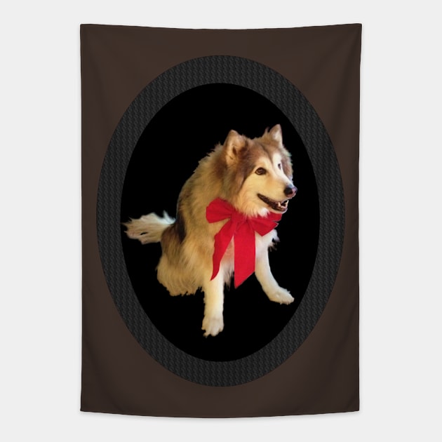 Cute Happy Wolf Dog With Red Bow Smiling - Carbon Fiber Frame Tapestry by CDC Gold Designs