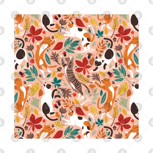 Autumn joy // pattern // flesh coral background cats dancing with many leaves in fall colors by SelmaCardoso