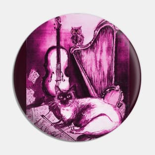 MUSICAL CAT AND OWL WITH MUSIC INSTRUMENTS In Pink Fuchsia Purple White Colors Pin