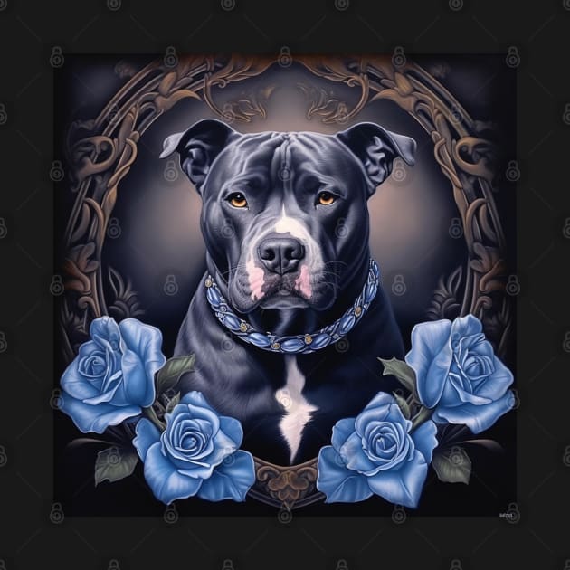 Staffy And Blue Roses by Enchanted Reverie