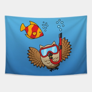 Owl with Snorkel Mask and Tropical Fish Tapestry