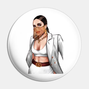 Business woman in a white jacket and a gold mask Pin