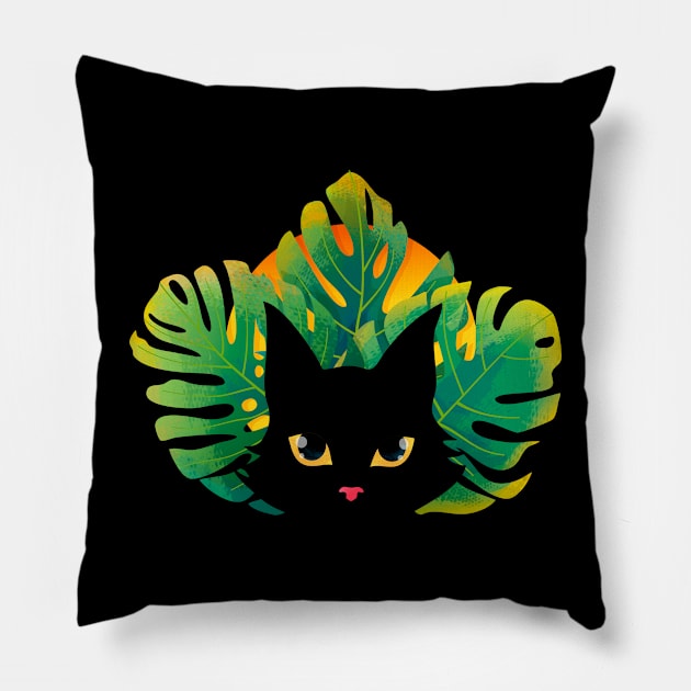 Black Cat with Tropical Leaves in the Sunset Pillow by zorrorojo