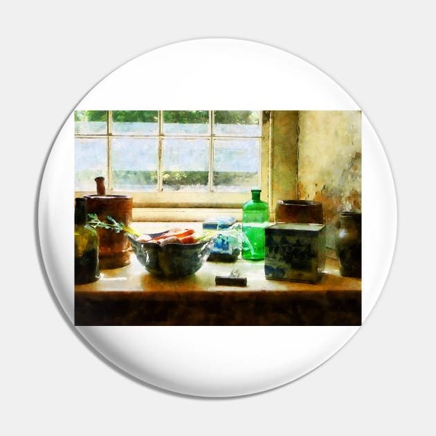 Cooking - Bowl of Vegetables and Green Bottle Pin by SusanSavad
