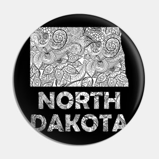 Mandala art map of North Dakota with text in white Pin