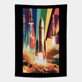Retro sci fi rocket collage art Tapestry