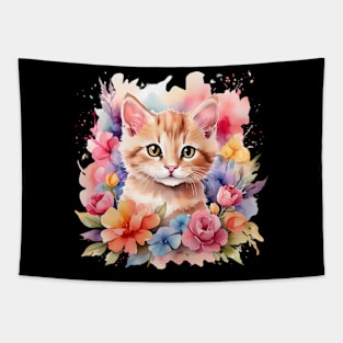 A cat decorated with beautiful watercolor flowers. Tapestry