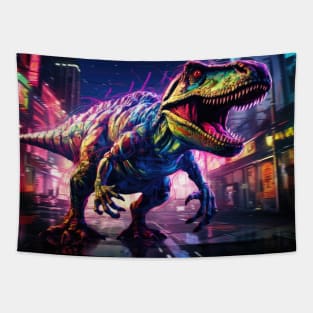 Neon T-Rex Rampage: Urban Adventure Tapestry