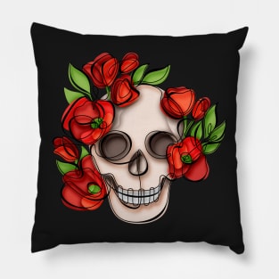 Minimalistic Continuous Line Skull with Poppies Pillow