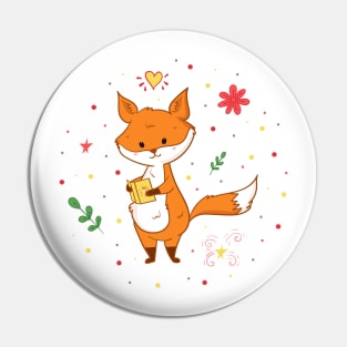 Funny cartoon fox with book Pin