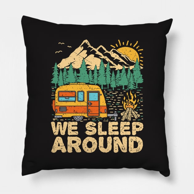 We Sleep Funny Camping T-shirt Pillow by redbarron