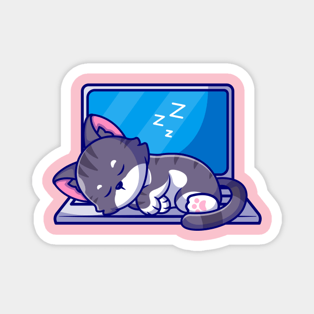 Cute Cat Sleeping On Laptop Cartoon Magnet by Catalyst Labs