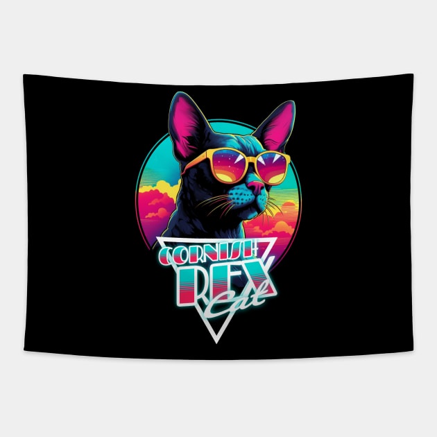 Retro Wave Cornish Rex Cat Miami Shirt Tapestry by Miami Neon Designs