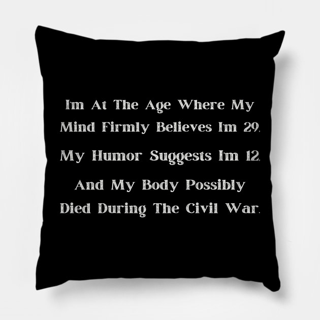 At That Age" Comical Age Denial T-Shirt, Adult Humor, Young at Heart, Historical Body - Fun Gift for Milestone Birthdays Pillow by TeeGeek Boutique