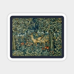 GREENERY,TWO DOES AND BIRDS IN FOREST Blue Green Floral Tapestry Magnet