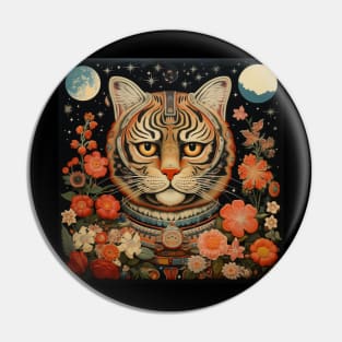 Surrealistic Folk Art Dark Floral Motif Tiger Design Pin