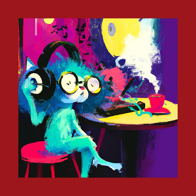 Hip Blue Cat Enjoys Some Music with a Cup of Coffee by Star Scrunch