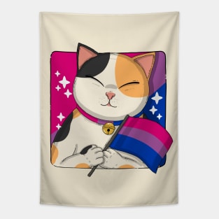 Cute Calico Cat Holding Bisexual Pride Flag Tapestry