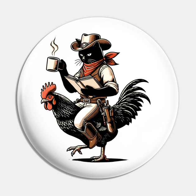 Cat Reading a Book And Drinking Coffee Riding Chicken Pin by VisionDesigner