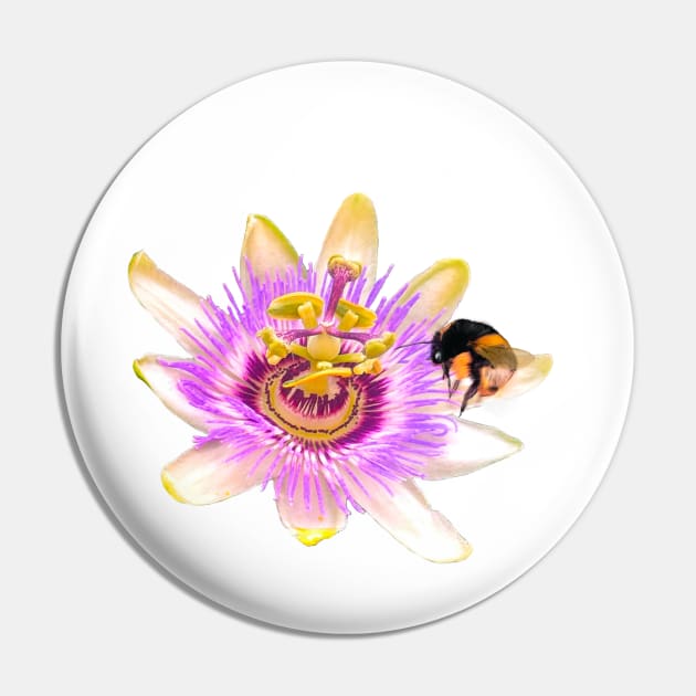 Bee themed gifts for women, men and kids. Blue crown Passion flower with bumble bee - save the bees Pin by Artonmytee