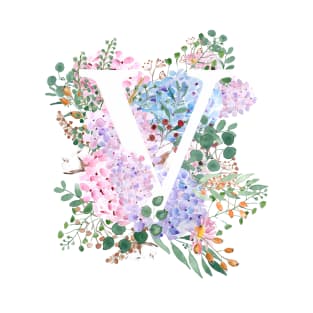 botanical monogram alphabet V hydrangea flowers T-Shirt