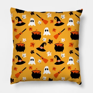 Witch Hat Ghost Cauldron Leaf Broom Halloween Cute Spooky Fun Pattern Design Pillow