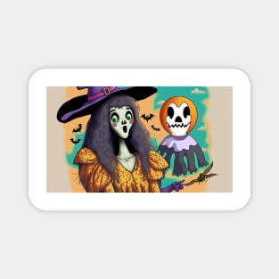 Witch Pointing at Pumpkin with Skull Face Magnet