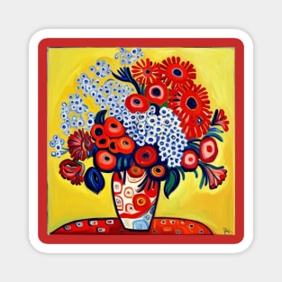 Cute Abstract Flowers in a Red and White Vase Still Life Painting Magnet