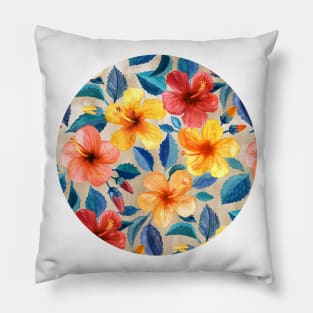 Colorful Watercolor Hibiscus on Warm Beige Pillow