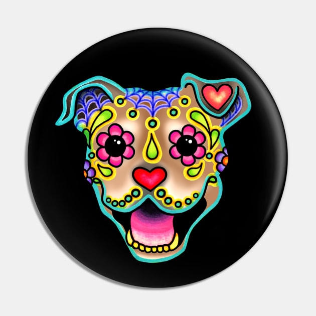 Smiling Pit Bull in Fawn - Day of the Dead Pitbull Sugar Skull Dog Pin by prettyinink