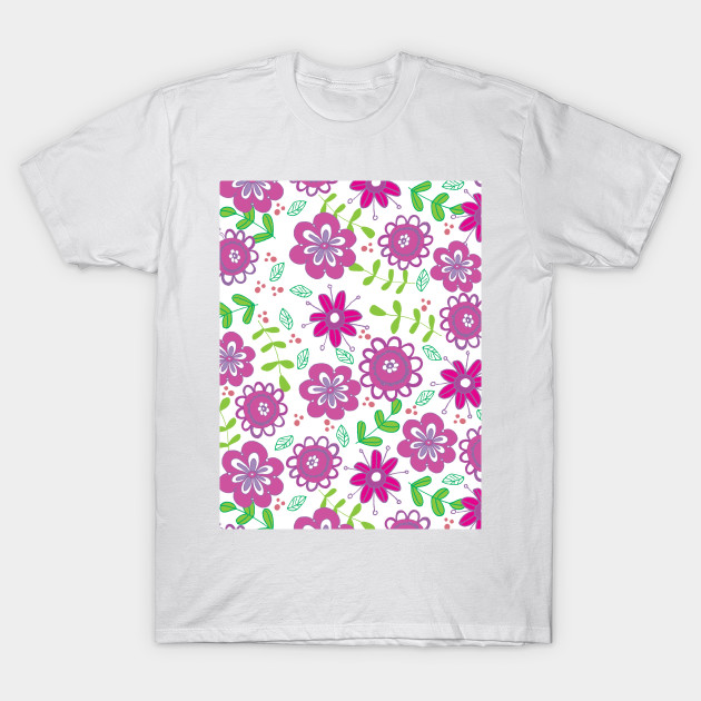 Field Of Flowers Bright Pink And Green Floral Design T Shirt