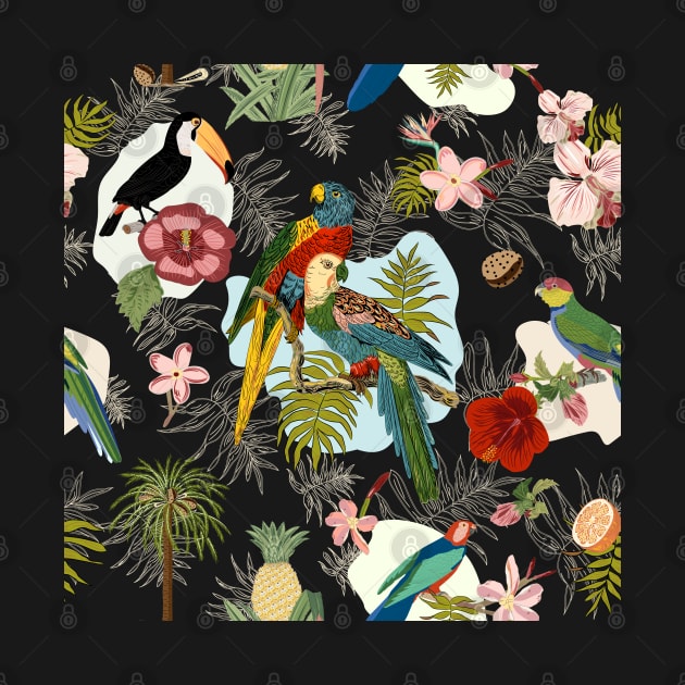 Tropical birds parrots flowers trees plants by LizzyizzyDesign