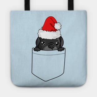 Black Pug In Pocket Santa Hat Tote