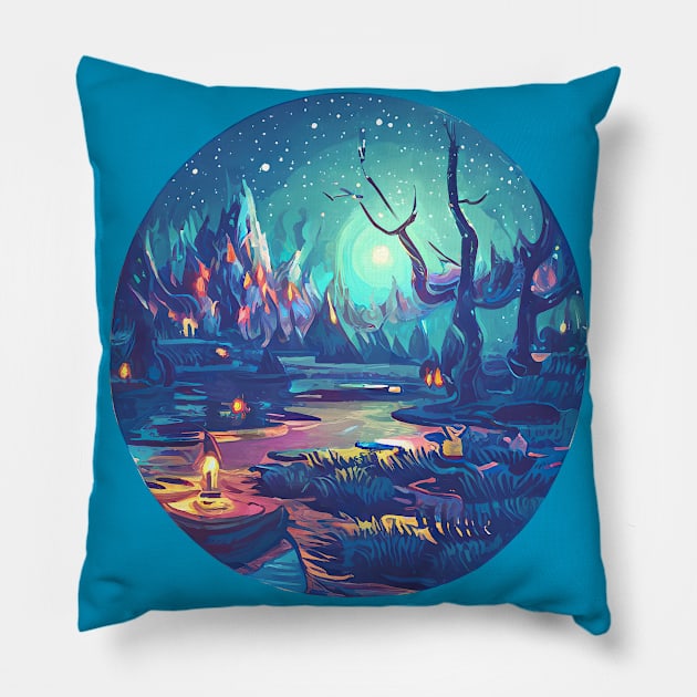 Magic Lantern Lighting Lake Water Pond Reflection Watercolor Pillow by The Little Store Of Magic