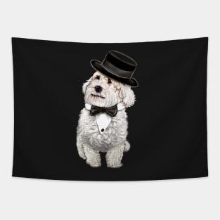 cavalier king charles spaniel fancy dress 2022 best gifts for dog lovers,  white Cavapoo Cavoodle in formal wear bow tie and top hat Tapestry