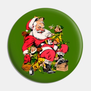 Santa's helper elves prepare him for the big night of Merry Christmas Retro Vintage Comic Pin