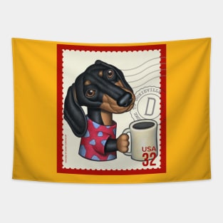 Funny Sausage Doxie dog drinking a cup of coffee Tapestry