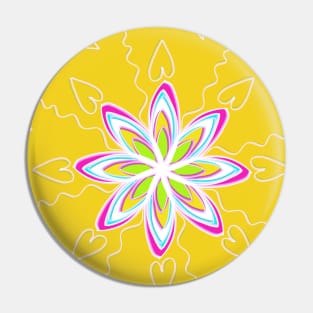 Yellow Mandala with Hearts and  Pink, White, Blue, and Green Flower Pin