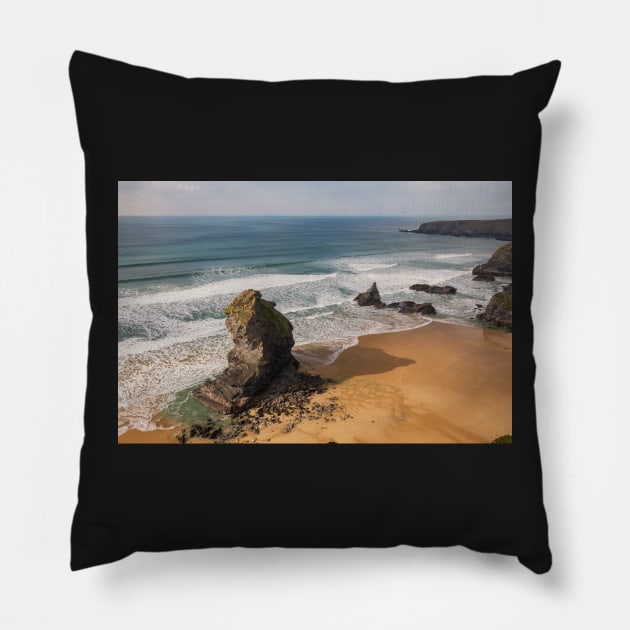 Carnewas and Bedruthan Steps, North Cornwall Pillow by dasantillo