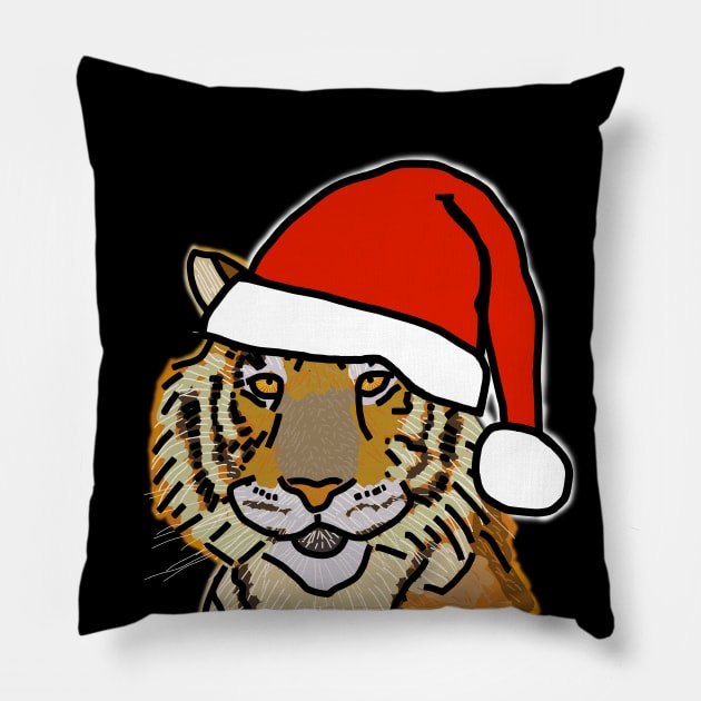 Christmas Tiger Wearing Santa Hat Pillow by ellenhenryart