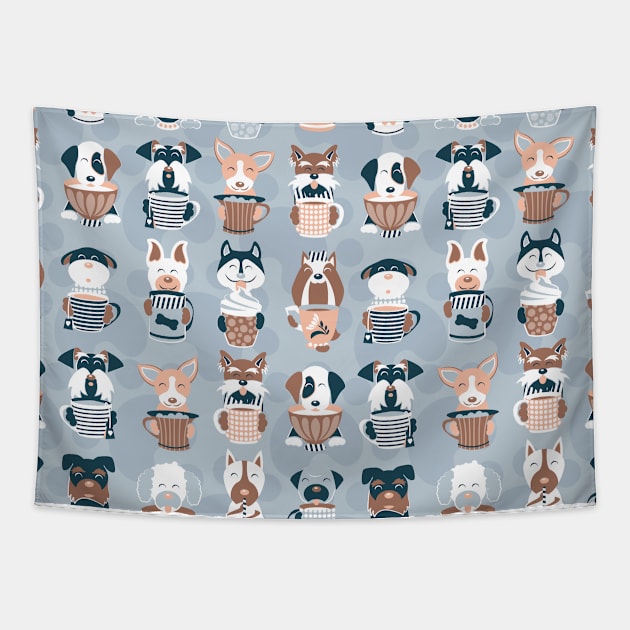 Doggie Coffee and Tea Time 2 // pattern // pastel blue background Tapestry by SelmaCardoso