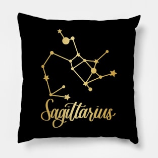 Sagittarius Zodiac Constellation in Gold - Black Pillow