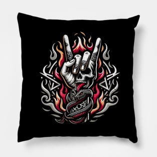 Heavy Metal Never Dies - Flaming Horns Hand Pentagram Rock N' Roll Pillow