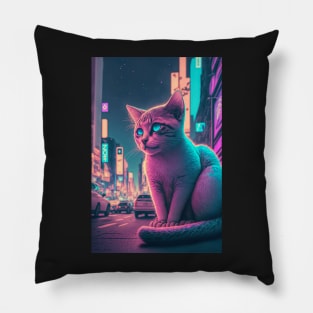 neon cat in the street Pillow