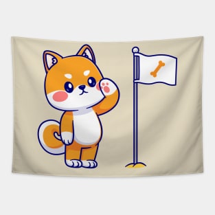 Cute Shiba Inu Respect Bone Flag Cartoon Tapestry