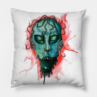 Scary voodoo zombie green face watercolor Pillow