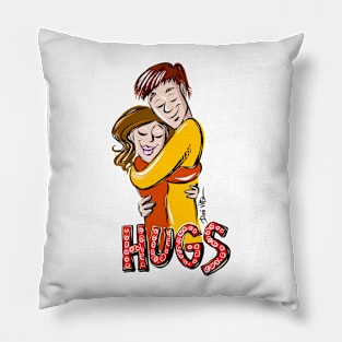 Male and female hugging with Hugs as text Pillow